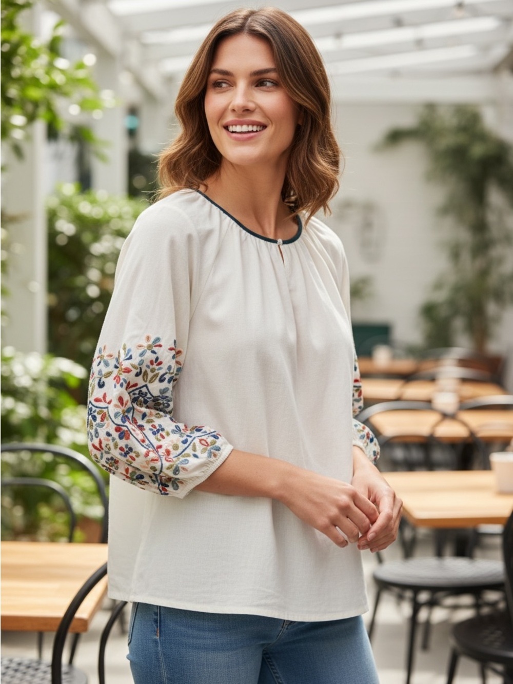Soft Surroundings Ivory Peasant Top with Multicolor Embroidered Sleeves